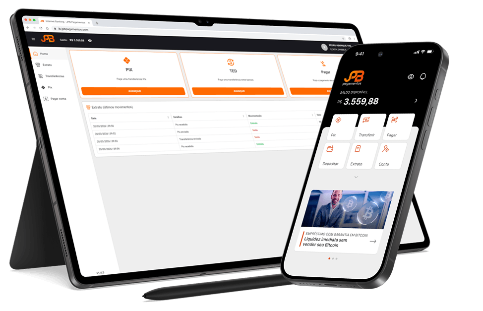 Imagens demonstrativa do Internet Banking e App para Smartphone da JPB Pagamentos